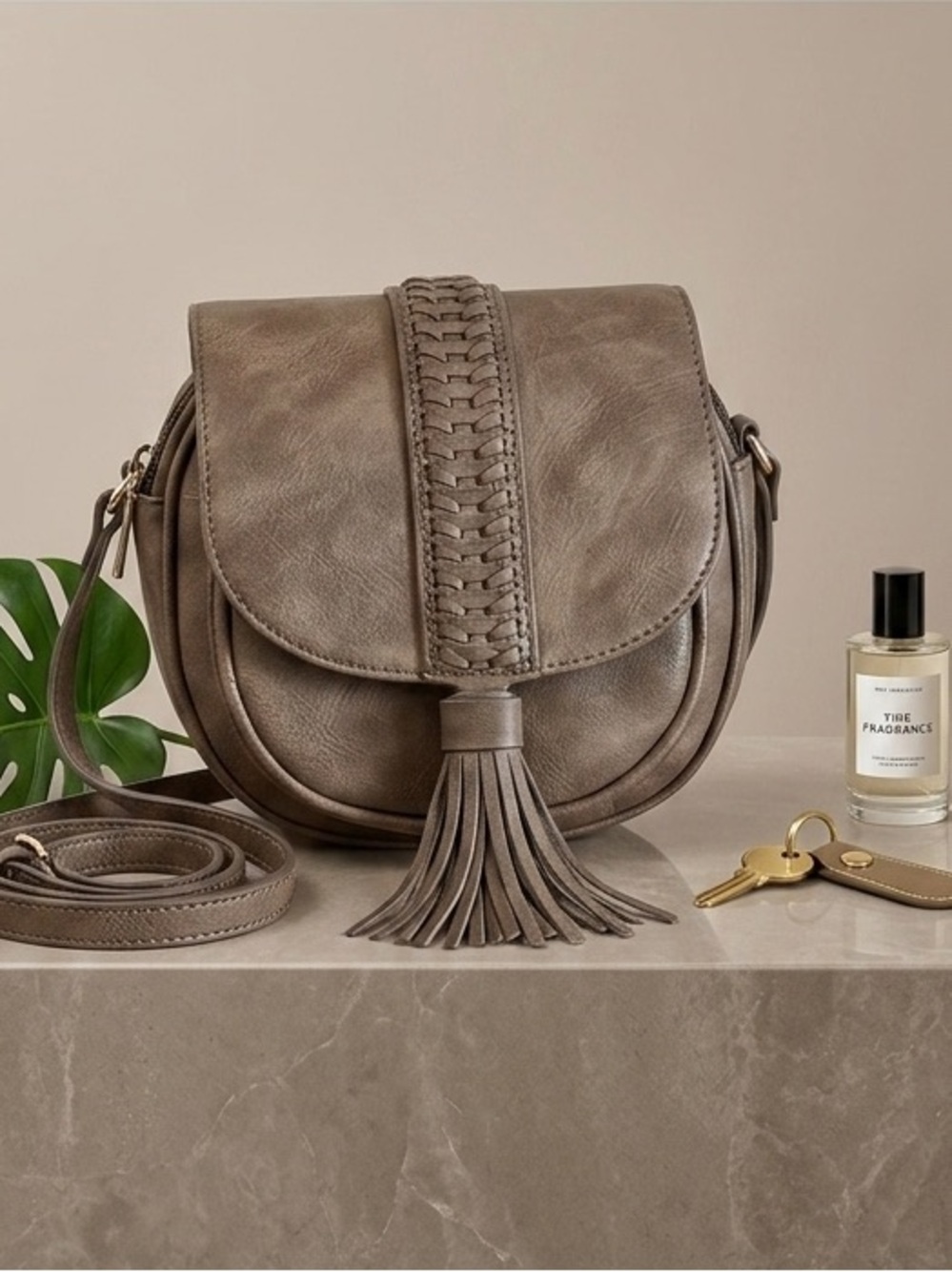 Elegant Taupe Crossbody Bag with Tassel NWT